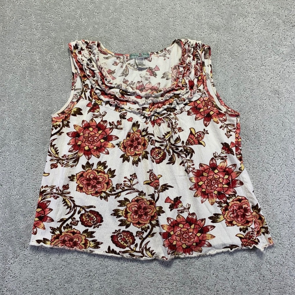 Vintage Suzie Petite Tank Top Womens Large Floral Ruffle Neck Sleeveless Cottage